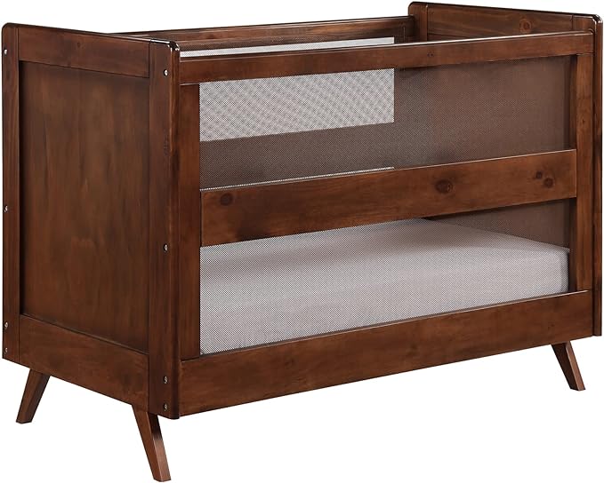 BreathableBaby Breathable Mesh 3-in-1 Convertible Crib (Toddler Bed Kit Sold Separately) — Walnut — Two Adjustable Mattress Heights — Greenguard Gold Certified