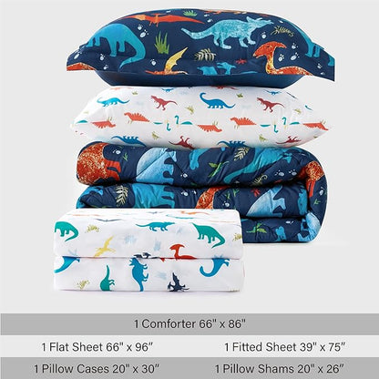 Kids Twin Dinosaur Bedding Comforter Set for Boys, 5 Pieces Twin Size Dinosaur Kids Bedding Set, Super Soft Lightweight Microfiber Comforter Set with Sheets for All Seasons