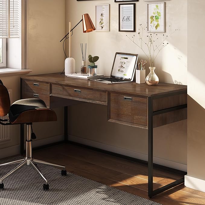 SIMPLIHOME Richmond SOLID WOOD 60 inch Wide Home Office Desk, Writing Table, Workstation, Study Table Furniture in Rustic Natural Aged Brown