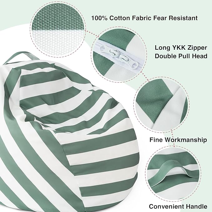 EXQ Home Kids Bean Bag Chairs Cover -Stuffed Animal Bean Bag Storage Green and White Stripes-Zipper Bean Bag for Organizing Children Plush Toys Holiday Gift for Girl,Boys (XL)