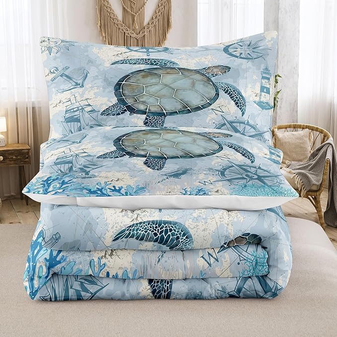 NINENINE Sea Turtle Comforter Set Twin Size for Kids Girls Boys,Ocean Themed Turtle Printed Aqua Blue Bedding Coral Sailboat Bed Set with 1 Comforter 1Pillowcase…
