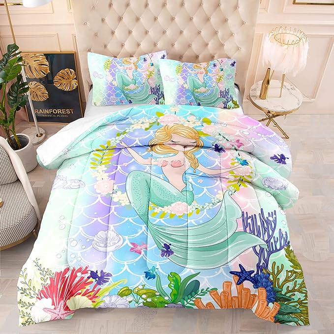 CVHOUSE Mermaid Comforter Set,Ocean Sea Mermaid Bedding Set for Girls Kids Teens,Mermaid Comforter Butterflies Duvet Set Room Decor Quilt Set Twin Size