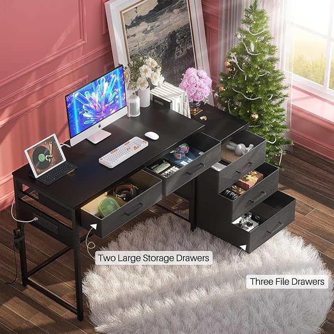 Computer Desk with 5 Drawers, Reversible Office Desk with Power Outlets and USB Charging Ports, Sturdy Writing Table with File Cabinet and Printer Stand, Laptop Desk for Small Spaces, Black