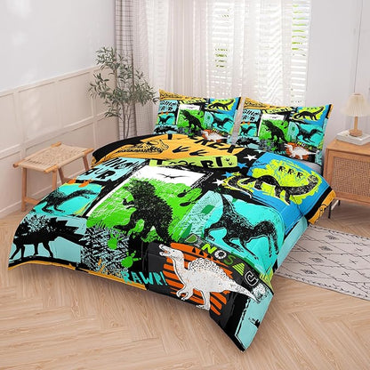NINENINE Dinosaur Bedding Sets for Kids,Watercolor Dinosaur Comforter Set,Twin Size Bedding Sets for Kids,Colorful Plaid Bedding Set with 1 Comforter 1 Pillowcase…