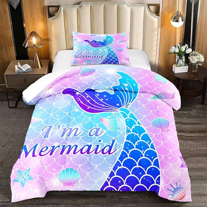 Twin Mermaid Bedding Sets for Girls Pink Mermaid Twin Comforter Set for Girls Soft Breathable Microfiber Mermaid Skin Surface Scales Quilt with Pillowcase Ocean Life Mermaid Bedroom Decor, 2Pcs