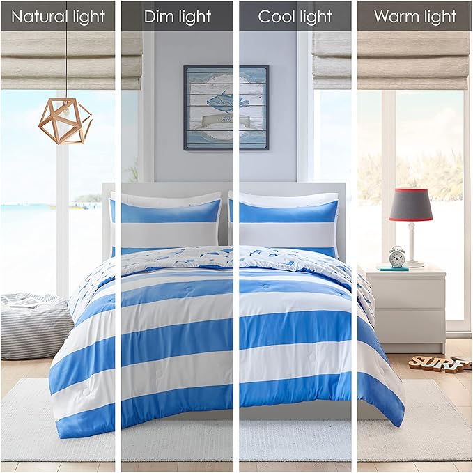 Mizone Kids Blake Reversible Dolphin Comforter Set - Adventure Animal Adorable Print with Stripe Reverse, Fun Bedroom Décor, Modern All Season Kids Bedding, Matching Sham, Blue 2 Piece, Full/Queen