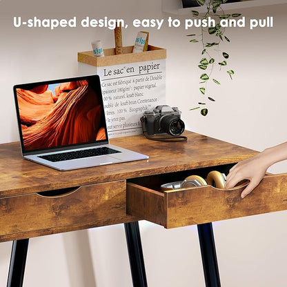sogesfurniture Mid Century Writing Computer Desk with 3 Drawers, Makeup Vanity Table, 43.3'' Writing Study Desk for Home Office, Dressing Table, Rustic Brown