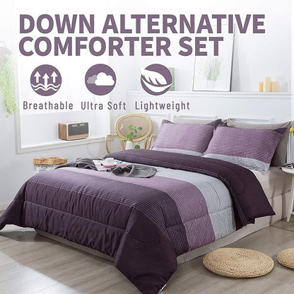 Andency Stripe Comforter Set Twin Size (66x90 Inch), 2 Pieces Purple and Gray Patchwork Striped Comforter, Soft Microfiber Down Alternative Comforter Bedding Set with Corner Loops