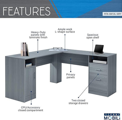 Techni Mobili Functional L-Shaped Computer Desk with storage, L is ⁠59.5" wide x 59.5" Long, Grey
