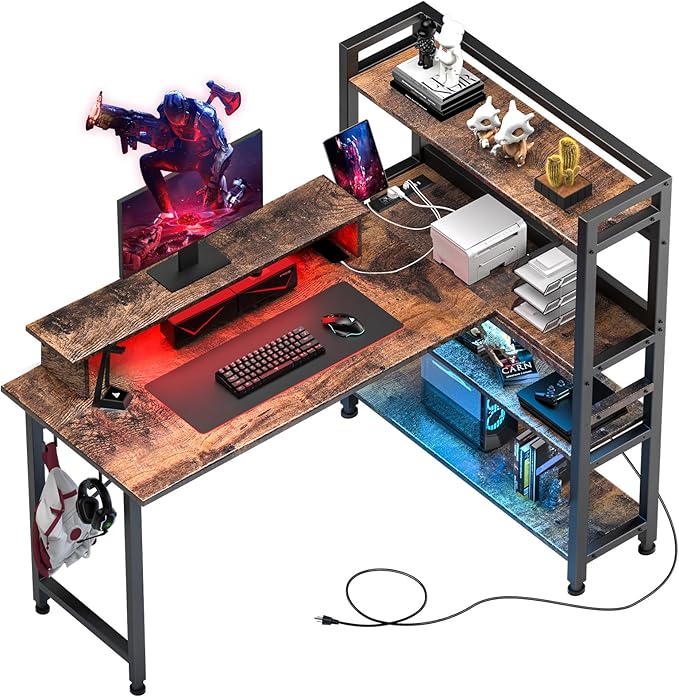 COMHOMA Gaming L Shaped Computer Desk, 55" Home Office Desk with Shelves, L Shape Computer Corner Desk with Charging Port, Gaming Table Power Outlet Build in, LED Writing Desk with Monitor Stand Brown