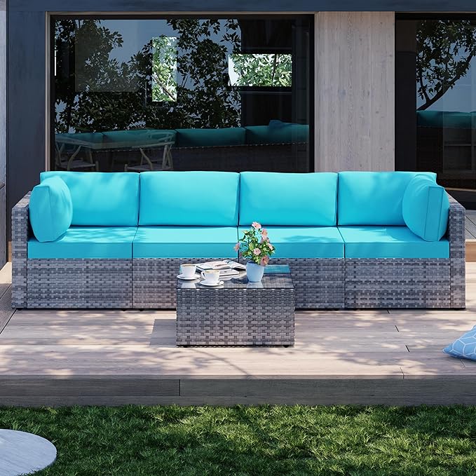 Shintenchi 5 Pieces Outdoor Patio Sectional Sofa Couch, Silver Gray PE Wicker Furniture Conversation Sets with Washable Cushions & Glass Coffee Table for Garden, Poolside, Backyard (Blue)