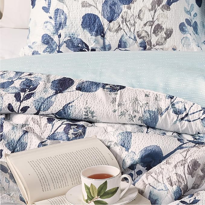 Codi Floral Twin Comforter Set for Teen Girls, Spring Lavender Bedding Sets with Soft Seersucker 2pcs - 1 Flower Comforters and 1 Pillows Case, Blue