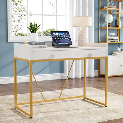 Tribesigns White Gold Computer Desk with 2 Drawers, Modern Desk 41.3 inch Simple Study Writing Desks with Storage, White Gold Makeup Vanity Desk for Home Office Bedroom Console Table