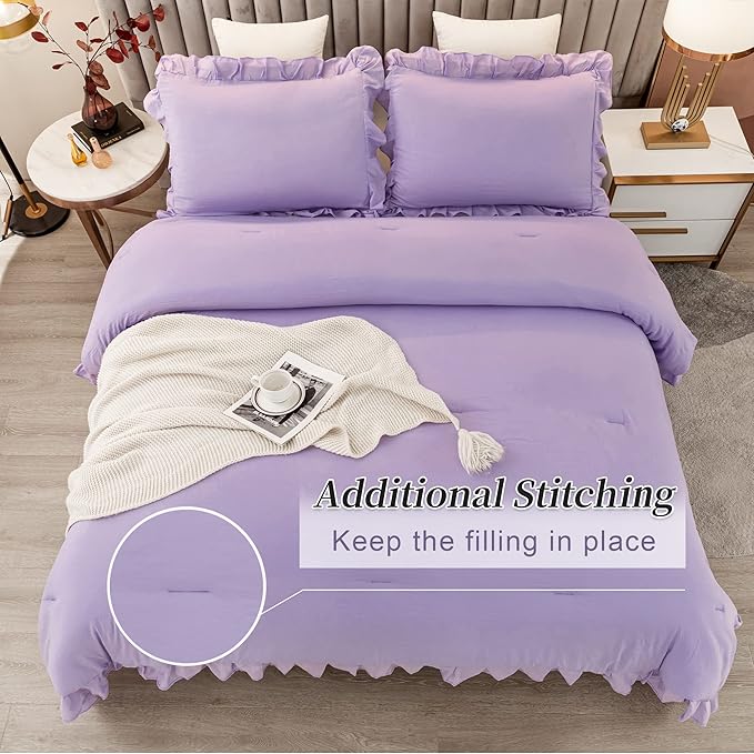 Andency Lavender Ruffle Comforter Full(79x90Inch), 3 Pieces(1 Ruffled Comforter and 2 Pillowcases) Solid Farmhouse Shabby Chic Comforter, Vintage Rustic Soft Microfiber Bedding Set