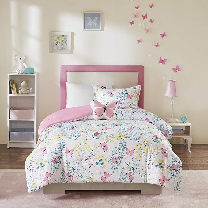 Mi Zone Kids Cynthia Comforter for Girls Microfiber Animal Butterfly Print, Modern All Season Down Alternative Kids Bed Set, Matching Sham, Decorative Pillow, Full/Queen, Pink 4 Piece