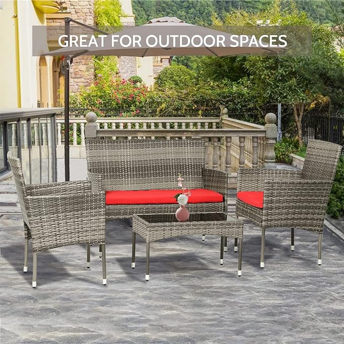 FDW 4 Pieces Outdoor Furniture Set Patio Conversation Set Wicker with Rattan Chair Loveseats Coffee Table for Outdoor Indoor Garden Backyard Porch Poolside Balcony,Gray Wicker/Red Cushions