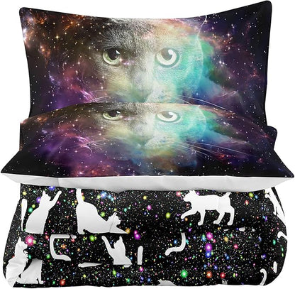 Tailor Shop Cat Comforter Set for Kids Boys Girls Teens Cute Cartoon Cat Galaxy Bedding Sets Black Dreamy Outer Space Full Size with 1 Comforter 2 Pillow Shams