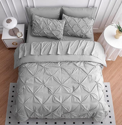 Lane Linen King Comforter Set, King Size Comforter Set 7 Pieces, Bed in a Bag King Size, Pintuck King Size Bedding Sets, King Bed Set, King Size Comforter Set with Sheets, Pillowcases & Shams - Silver