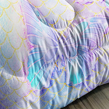 CVHOUSE Butterfly Comforter Set King Size,Rainbow Mermaid Butterfliy Bedding Set for Kids Girls,Rainbow Mermaid Butterflies Quilt Set Butterfly Duvet Set Girl's Bedroom Decor 3 Pieces
