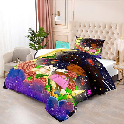 Black Girl Comforter Set Twin - 2Pcs Black Girl Twin Comforter Set for Girls, Twin Size Black Girls Bedding Set, Ultra Soft Breathable Starry Moon Prints Kids Comforter Set with 1 Pillowcase