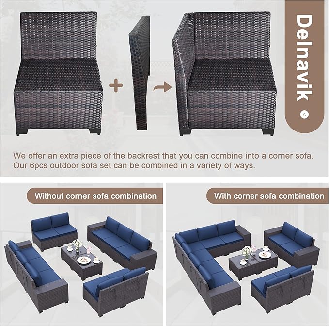 Patio Furniture Set Sofa 12-Pieces Wicker Sectional Sofa Set, Outdoor Furniture Rattan Patio Conversation Set with Thickened Cushions and Glass Coffee Table, Navy Blue