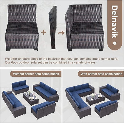 Patio Furniture Set Sofa 12-Pieces Wicker Sectional Sofa Set, Outdoor Furniture Rattan Patio Conversation Set with Thickened Cushions and Glass Coffee Table, Navy Blue
