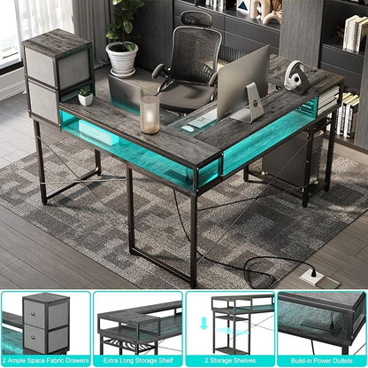 armocity L Shaped Desk with Drawers, Reversible Corner Computer Desk with LED Light & Power Outlet, 55.2'' L-Shaped Gaming Desk with Long Monitor Shelf, Home Office Desk for Small Corner Space, Grey