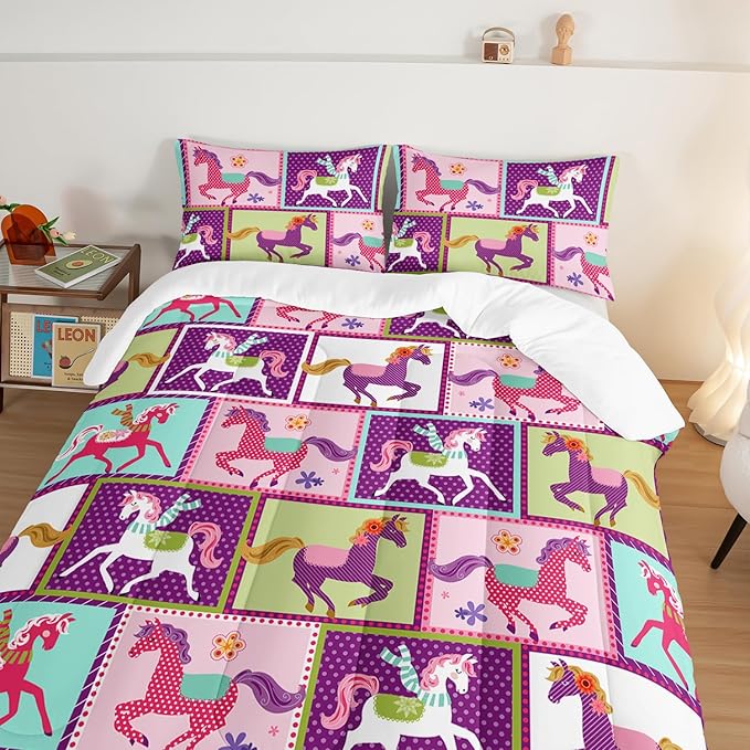 HOSIMA 3Pcs Kawaii Kids Horse Comforter Set with 2 Pillowcases,Colorful Dots Style Comforter for Adults Teens Princess Toddler Bedding Set,Horse Pony King Size Comforter Set.