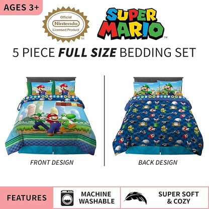 Franco Kids Bedding Super Soft Comforter and Sheet Set, (5 Piece) Full Size, Mario