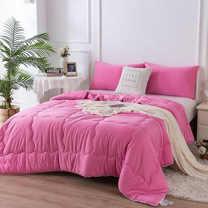 COTTEBED Softness Comforter Set KING Size Bed, Jersey Knit T-Shirt Feel Ultra-Soft Breathable Comy Cozy Lightweight Bedding Down Blanket Pillowsham Women Girl All Season, California/Cal King Rose Pink