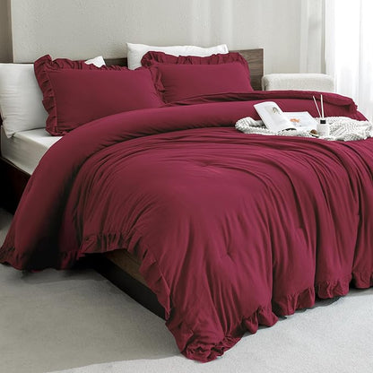 Andency Burgundy Twin Size Comforter Set for Kids Girls, 2 Pieces Solid Shabby Chic Ruffle Bedding Comforters & Sets, Soft Cozy Lightweight Down Alternative Twin Bed Set for All Season