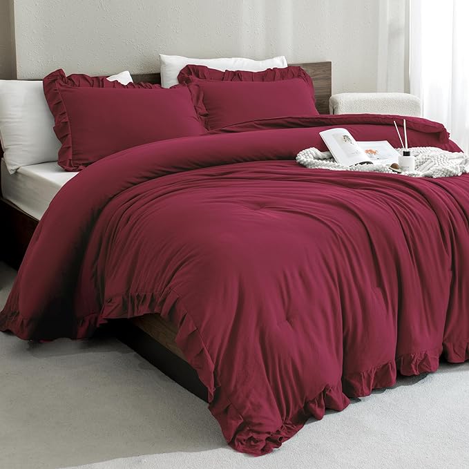 Andency Burgundy Comforter Set Full Size, 3 Pieces Solid Ruffle Shabby Chic Bedding Comforter Sets, All Season Lightweight Fluffy Soft Microfiber Bedding Set (79x90 Comforter & 2 Pillowcases)