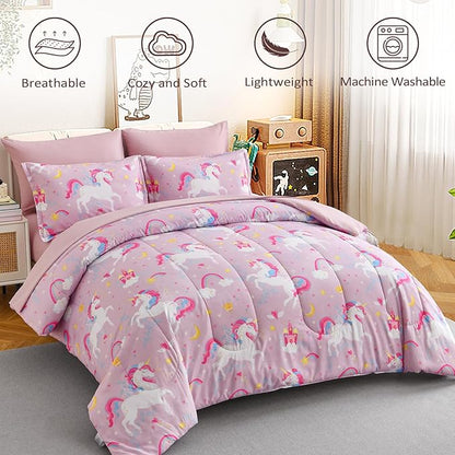 Queen Comforter Set for Girls, 7 Pieces Bed in a Bag with Shams, Sheet Set, Pink Unicorn Double Soft Microfiber Kids Comforter Bedding Set