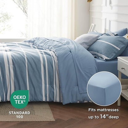 Bedsure Full Size Bed Sets 7 Pieces - Blue Striped Beddubg All Season Comforter Set, Bed in a Bag with 1 Comforter, 2 Sheets, 2 Pillowcases & 2 Shams