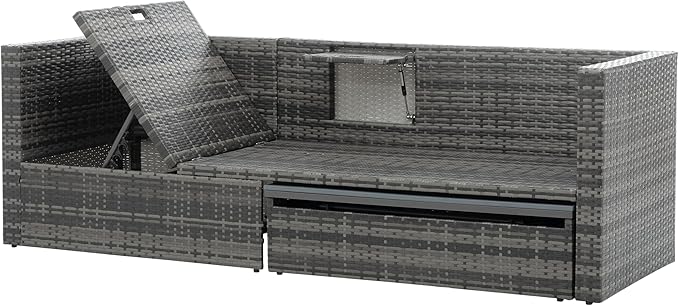 Modular Rattan Outdoor Sectional Furniture, Wicker Conversation Patio Sets with Plywood Coffee Table and Lounger Sofa for Backyard, Db-Navy Blue