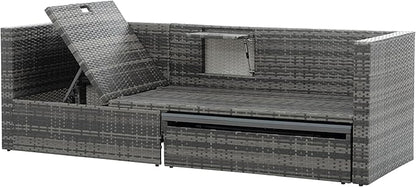 Modular Rattan Outdoor Sectional Furniture, Wicker Conversation Patio Sets with Plywood Coffee Table and Lounger Sofa for Backyard, Db-Navy Blue