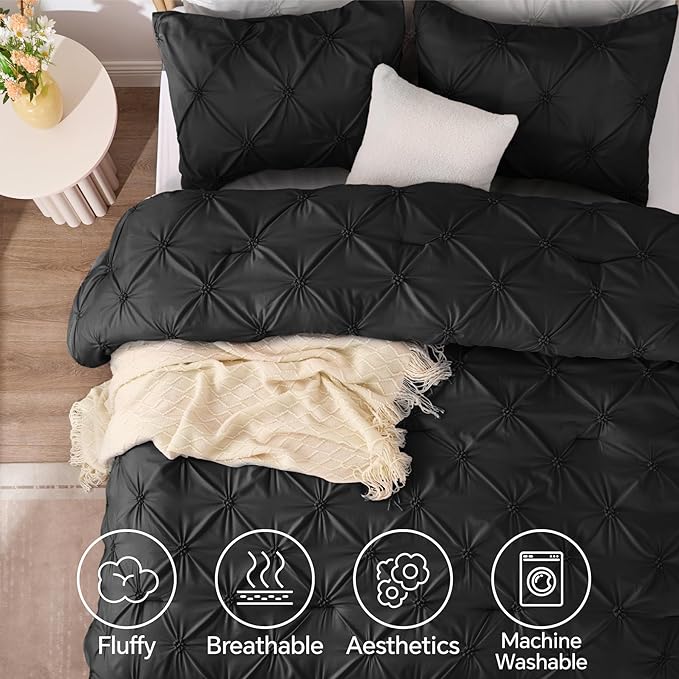 BEDELITE Black Twin Comforter Set for Girls - 2 Peices Boho Pintuck Bedding Comforter Sets, Lightweight Soft & Warm Twin Bedding Sets with 1 Pillowcase for All Season
