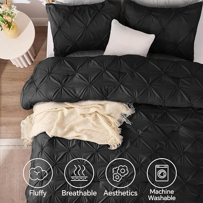 BEDELITE Black King Size Comforter Set - 3 Pieces Boho Pintuck Bedding Comforter Sets, Lightweight Soft & Warm King Bedding Set with 2 Pillowcases for All Season