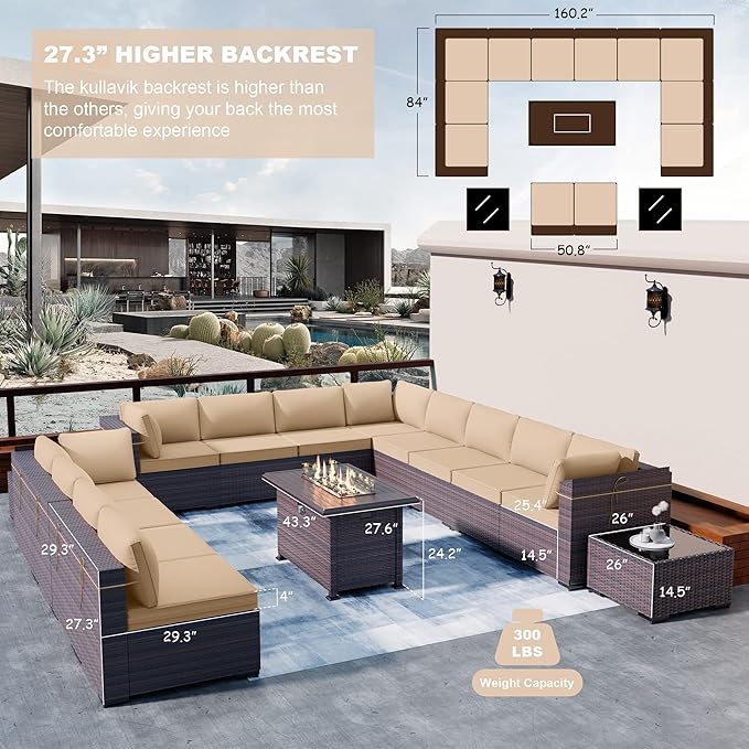 Kullavik 15 Pieces Outdoor Patio Furniture Set with 43" 55000BTU Gas Propane Fire Pit Table PE Wicker Rattan Sectional Sofa Patio Conversation Sets,Khaki