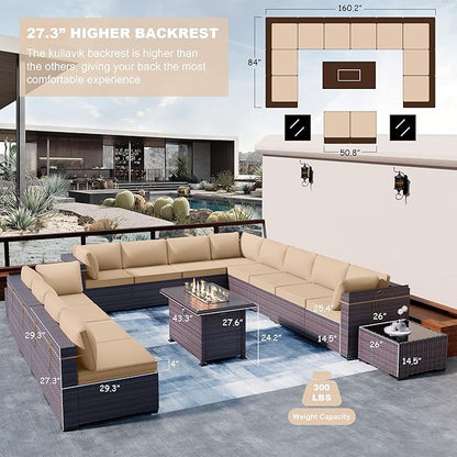 Kullavik 15 Pieces Outdoor Patio Furniture Set with 43" 55000BTU Gas Propane Fire Pit Table PE Wicker Rattan Sectional Sofa Patio Conversation Sets,Khaki