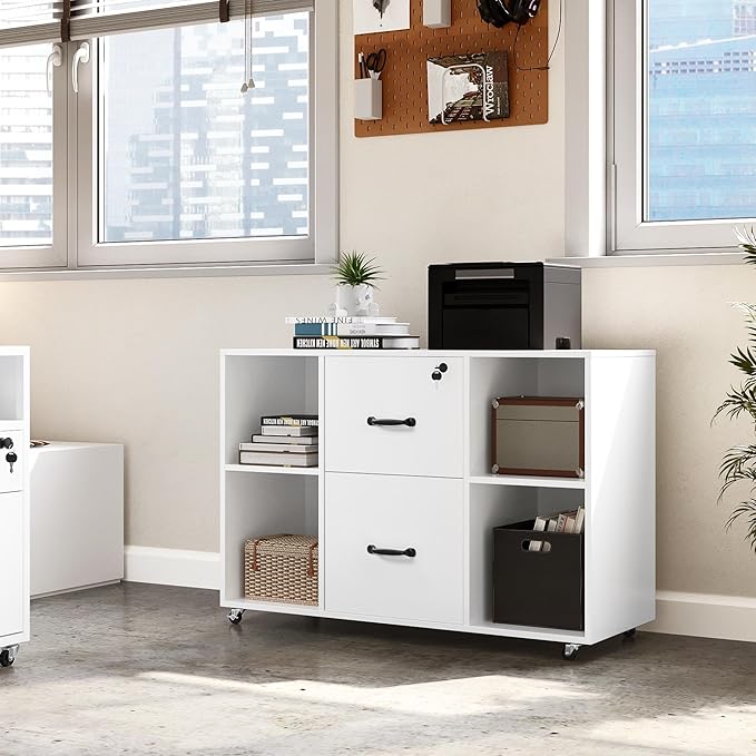 Yaheetech White File Cabinet Mobile Letter Size File Cabinet with 2 Drawers and 4 Open Storage Shelves Large Mobile Lateral Filing Cabinet Printer Stand for Home and Office