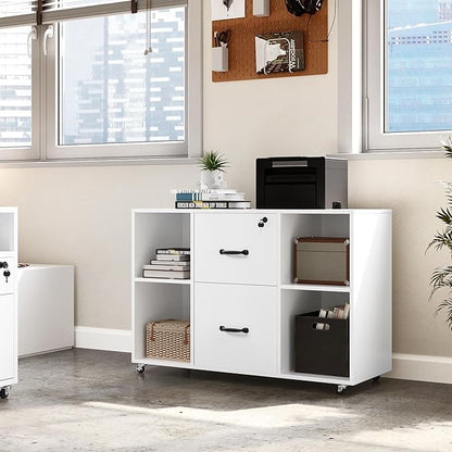 Yaheetech White File Cabinet Mobile Letter Size File Cabinet with 2 Drawers and 4 Open Storage Shelves Large Mobile Lateral Filing Cabinet Printer Stand for Home and Office