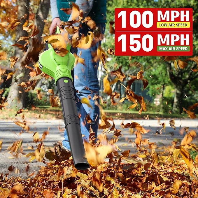 Cordless Leaf Blower, 150MPH Handheld Electric Leaf Blower with 2 x4.0Ah Battery and Charger, 2 Speed Modes, 20V Lightweight Battery Operated Leaf Blowers for Lawn Care, Patio, Blowing Leaves and Snow