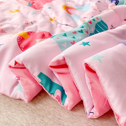 Wajade Kids Pink Princess Comforter Set Bed in A Bag Queen Size 7 Piece Princess Fairy Tales Castle Bedding Set for Girl (1 Comforter, 1 Flat Sheet, 1 Fitted Sheet, 2 Pillowcase and 2 Pillow Sham)