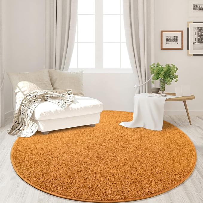Round Area Rugs for Bedroom Living Room, 4x4 Orange Super Soft Comfy Thickened Memory-Foam Indoor Circle Carpets, Modern Aesthetic Minimalist Carpet for Boys Girls Adults Nursery Home Décor