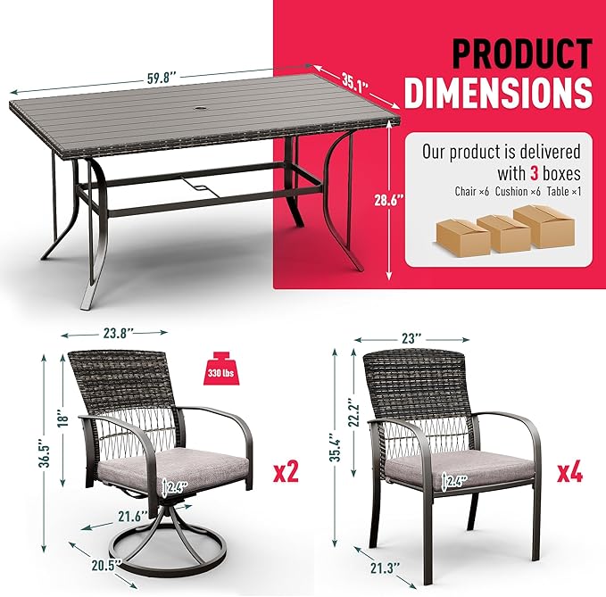 Pamapic 7 Piece Outdoor Dining Set, Rattan Outdoor Patio Furniture Set for Backyard with Iron Outdoor Dining Table, 4 Swivel Deck Chairs, 2 Wicker Chairs and Removable Cushions (Gray)