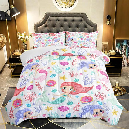 Mermaid Comforter Set Full Size Fairy Tale Sea Shell Grass Bedding Set Starfish Quilt Bed Set for Kid Girls with 1 Comforter and 2 Pillowcases