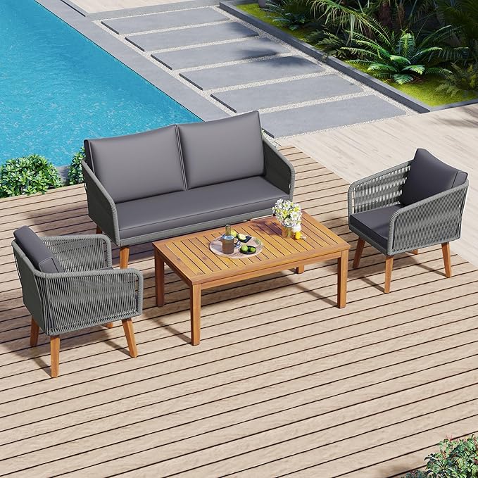 4-Piece, Outdoor Furniture with Loveseat, 2 Chairs and Table, Patio Conversation Set Deep Seating with Thick Backyard Porch Balcony, Zh-Dark Grey Cushion + Grey Rope