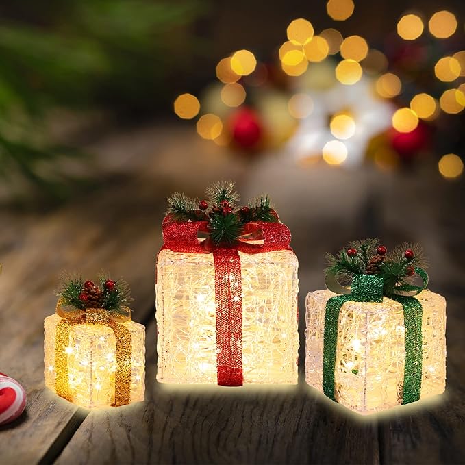 [Large 10"x8.5"x6.5" Christmas Set of 3 Lighted Clear Acrylic Gift Boxes Decorations Pre-lit 70 Super-Bright LED with Flashers,for Indoor Outdoor Pathway Holiday Party Home(Warm White)