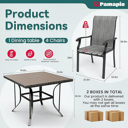 Pamapic 5 Pieces Patio Dining Set, Outdoor Table and Chairs for Garden Backyard Poolside Deck,Outdoor Furniture Set with Square Plastic-Wood Table Top,4 Textilene Chairs,Gray